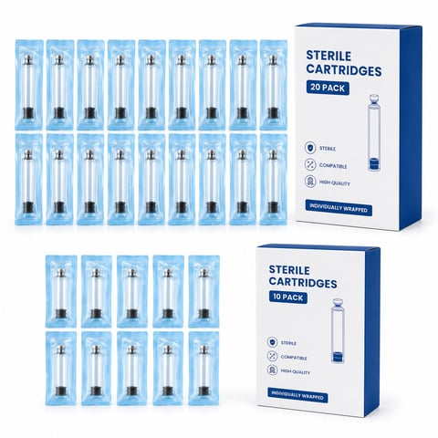 Two boxes of sterile cartridge needle syringes; 20-pack and 10-pack boxes shown with individually wrapped cartridges displayed