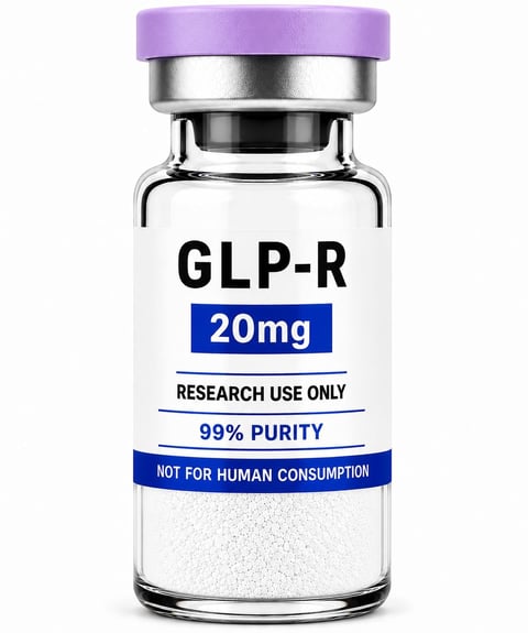 Medical research vial labeled GLP-R 20mg with purple cap and white powder, marked for research use only with 99% purity