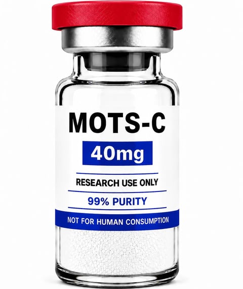 Clear glass vial with red cap labeled MOTS-C 40mg, marked as research use only, 99% purity, not for human consumption