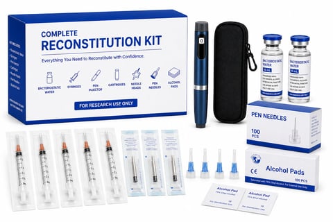 Complete reconstitution kit for research containing syringes, vials, pen needles, alcohol pads, and black carrying case.