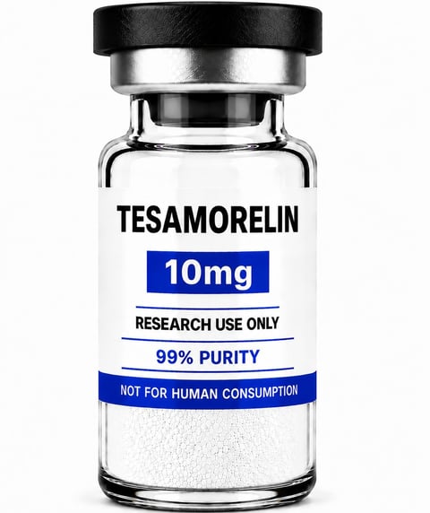 Tesamorelin 10mg research chemical vial with white powder, labeled 99% purity and not for human consumption